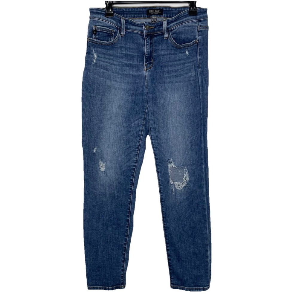 Judy Blue Jeans Womens 9/29 (30/28) Blue Slim Straight Fit Distressed JB82204DK